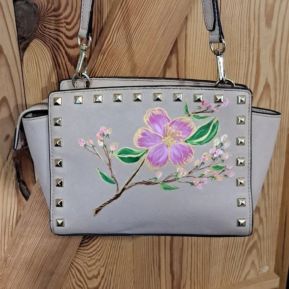 Hand Painted Purse Crossbody Bag Medium Messenger Saffiano Leather Gold Studded - Picture 5 of 15